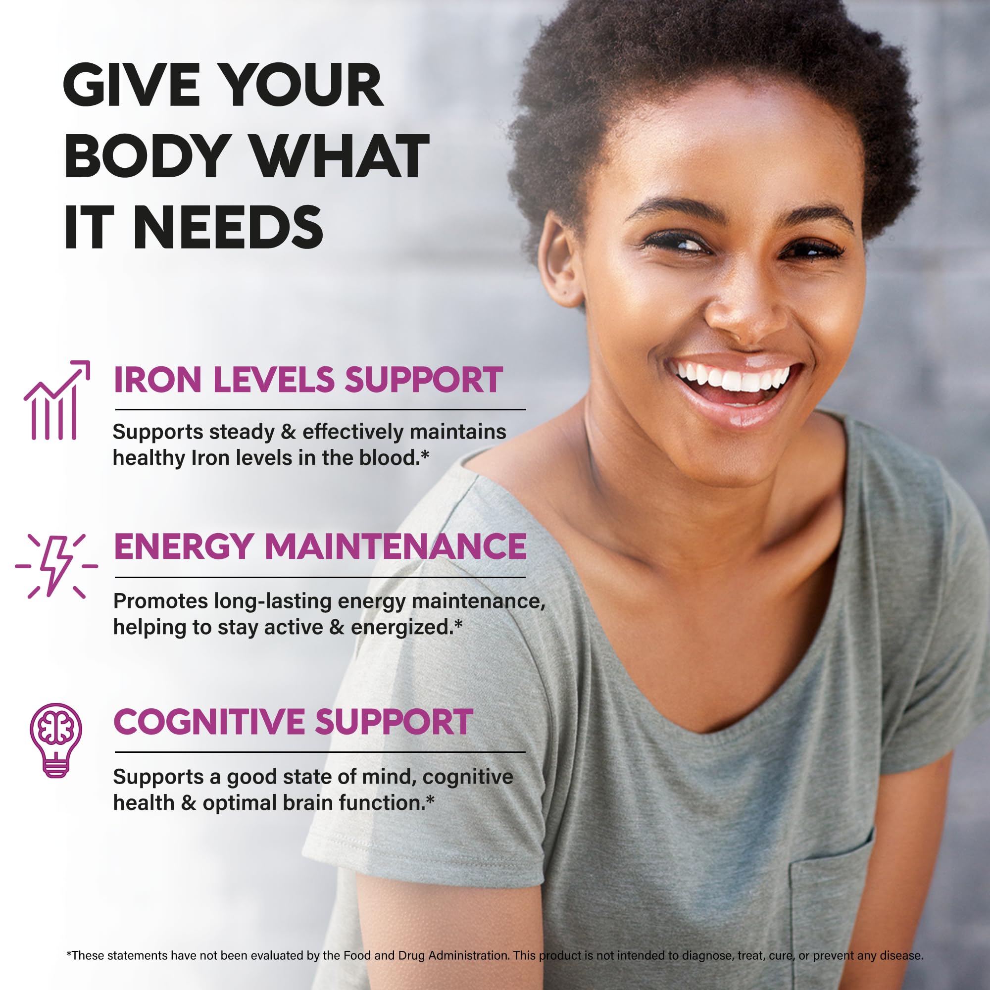 NUTRAHARMONY iron bottle with capsules emphasizes a stomach-friendly daily option.