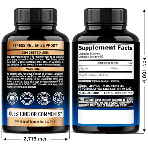 NutraHarmony L-Theanine 180 vegan capsules for focused relaxation and sleep support.