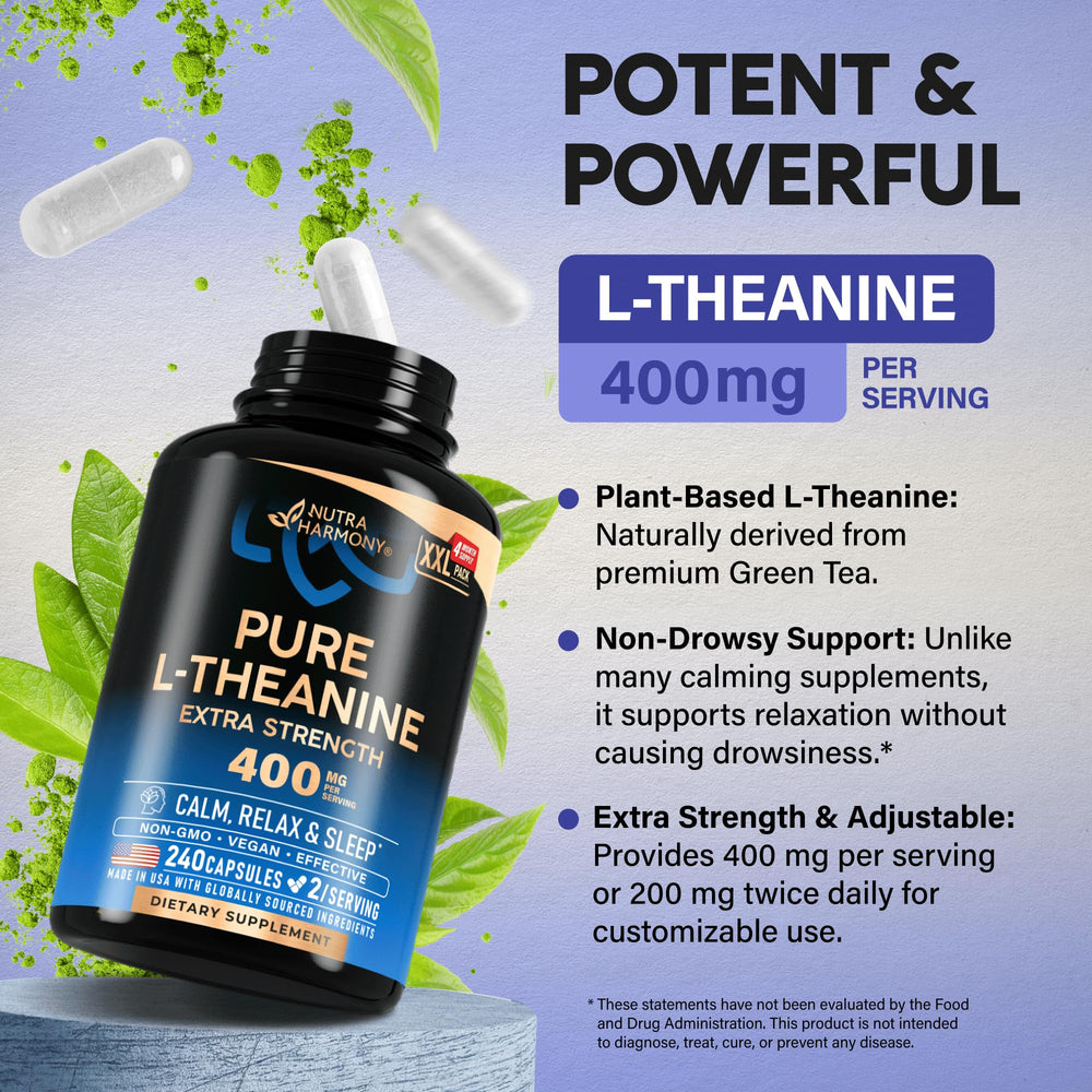 NUTRAHARMONY L-Theanine 400 mg bottle displayed on a desk with natural light.