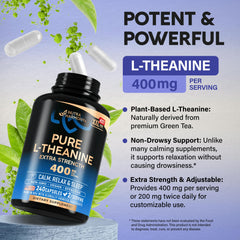 NUTRAHARMONY L-Theanine 400 mg bottle displayed on a desk with natural light.