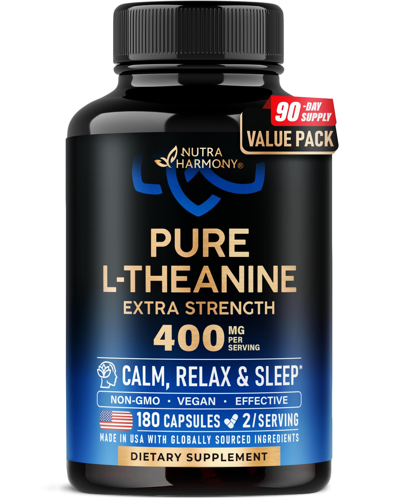 NutraHarmony L-Theanine 400mg bottle shown for calm and stress relief.