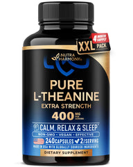 NUTRAHARMONY L-Theanine 400 mg bottle on desk promoting calm focus.