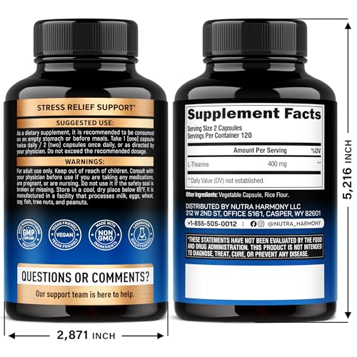 NUTRAHARMONY L-Theanine 400 mg capsules closeup showing vegan capsules for relaxation.