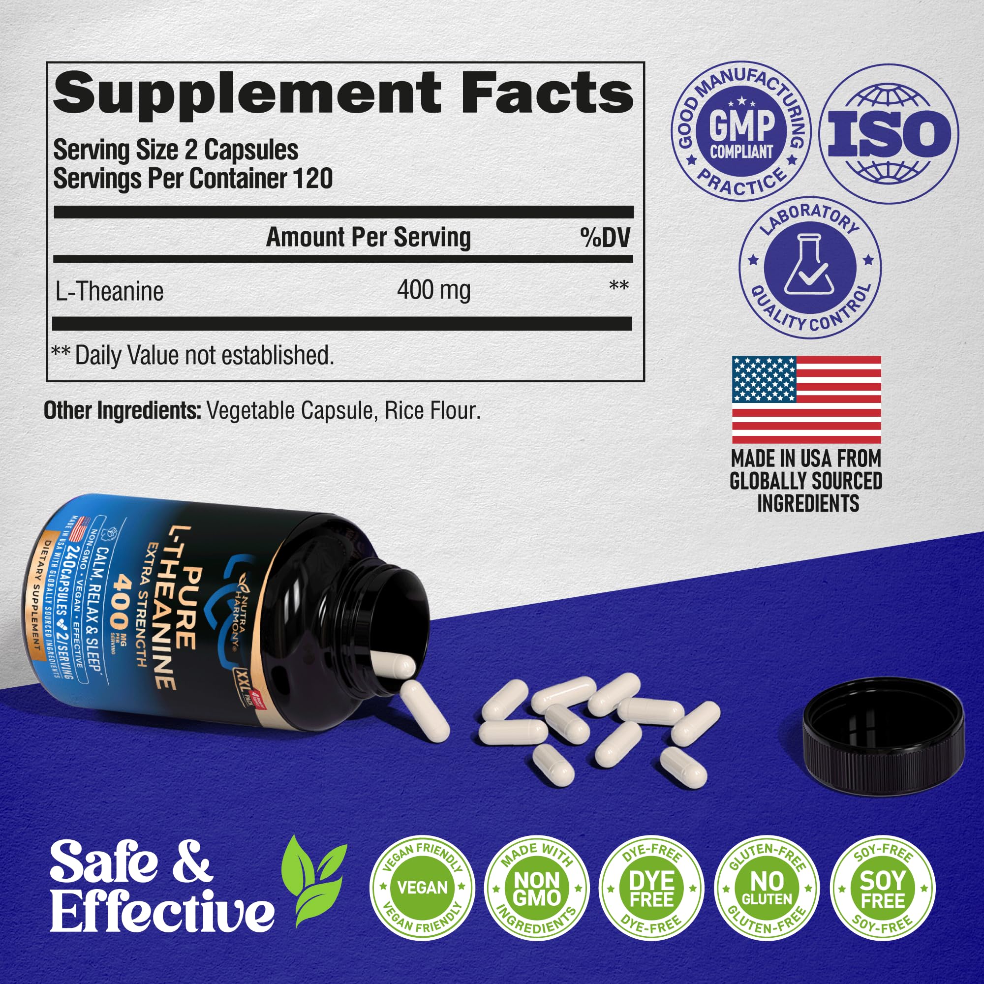 NUTRAHARMONY L-Theanine 400 mg front packaging highlights gluten-free and non-GMO features.