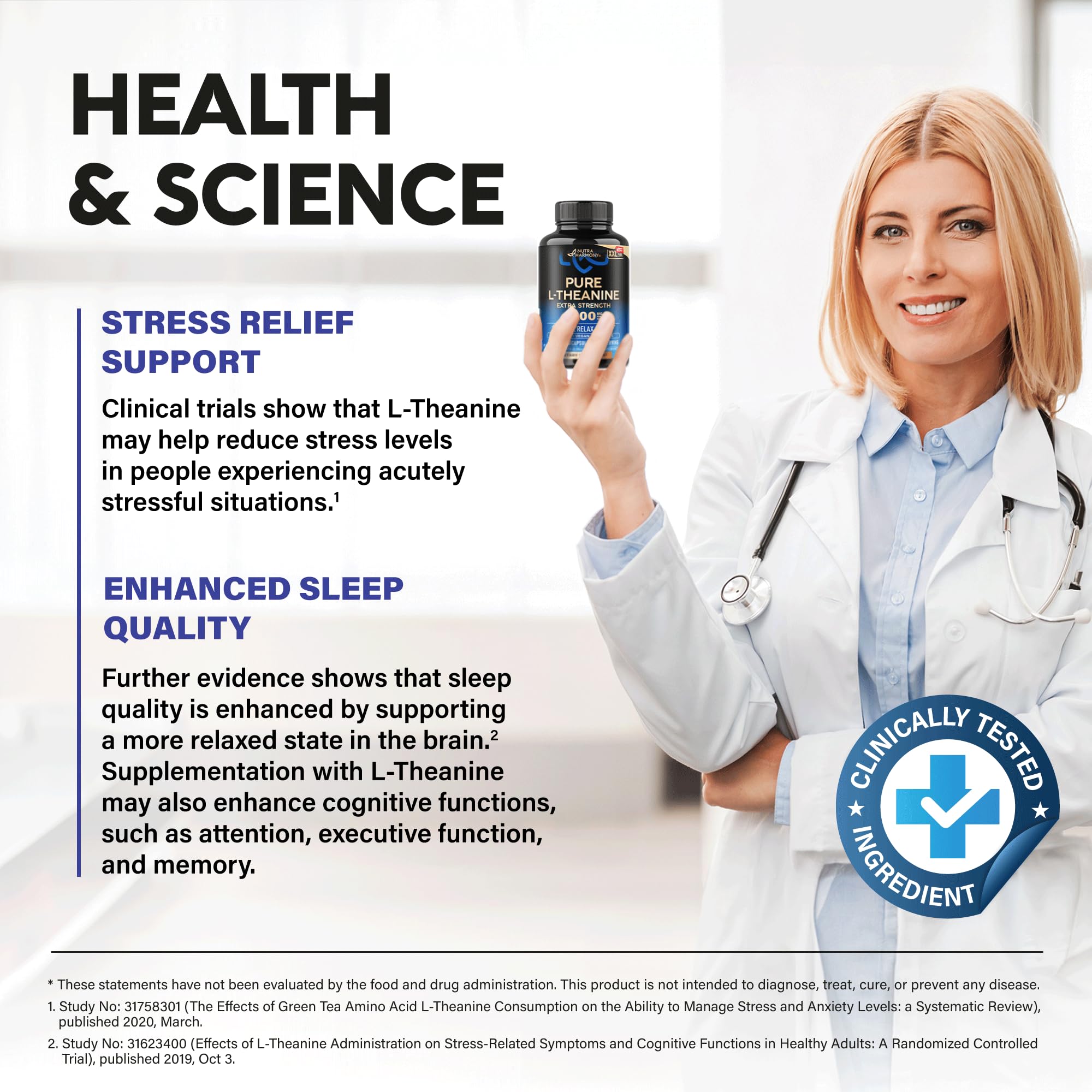 NUTRAHARMONY L-Theanine 400 mg green-tea origin label communicates natural sourcing.