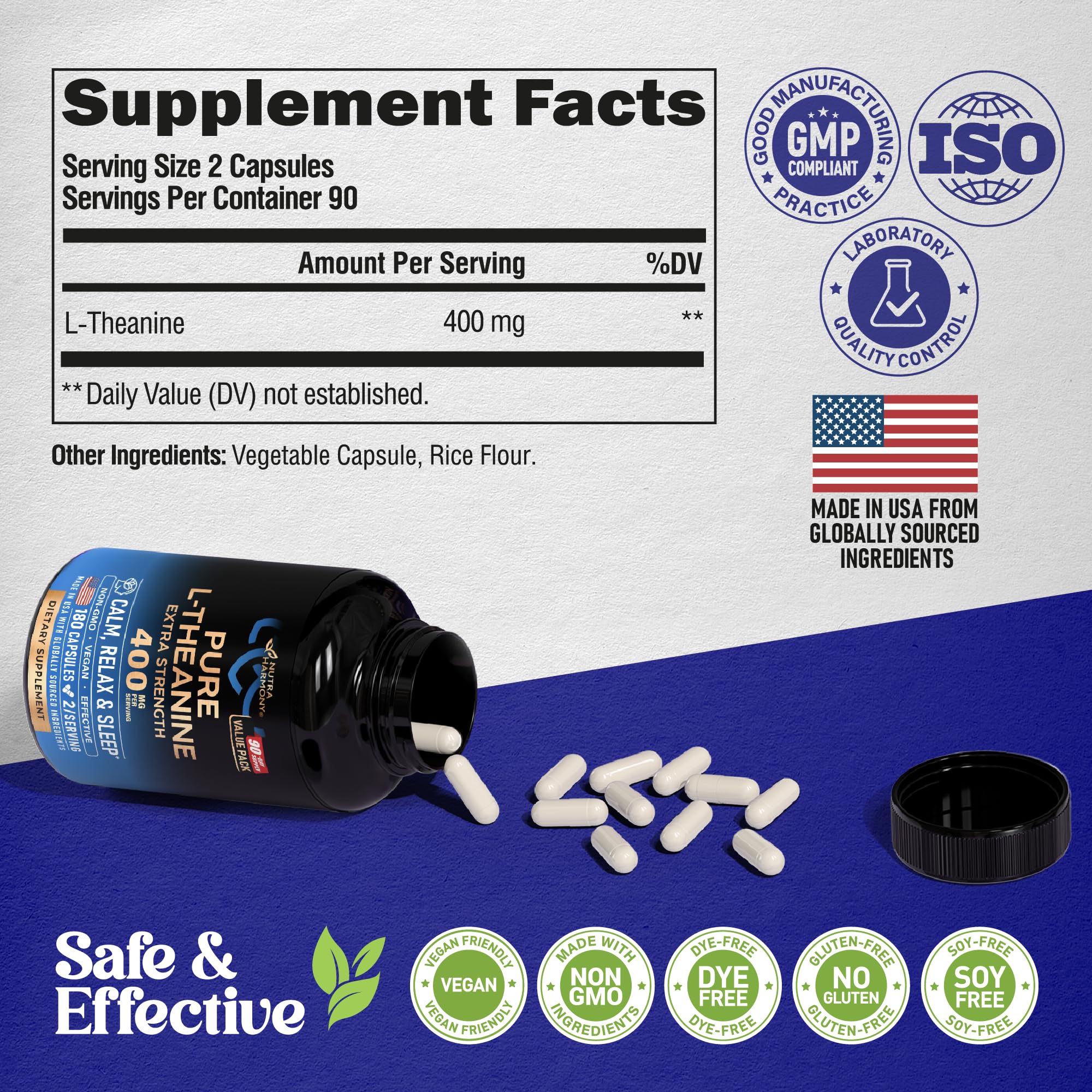 NutraHarmony L-Theanine capsules closeup with glass of water.