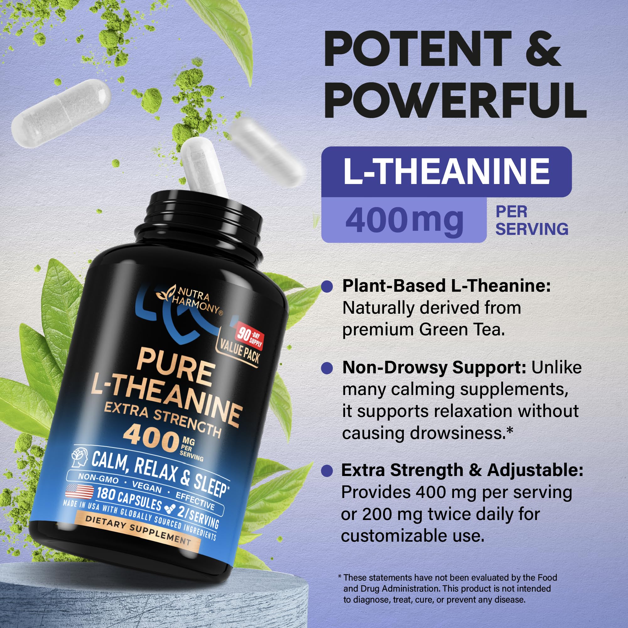 NutraHarmony L-Theanine dispensing cap for easy daily use.