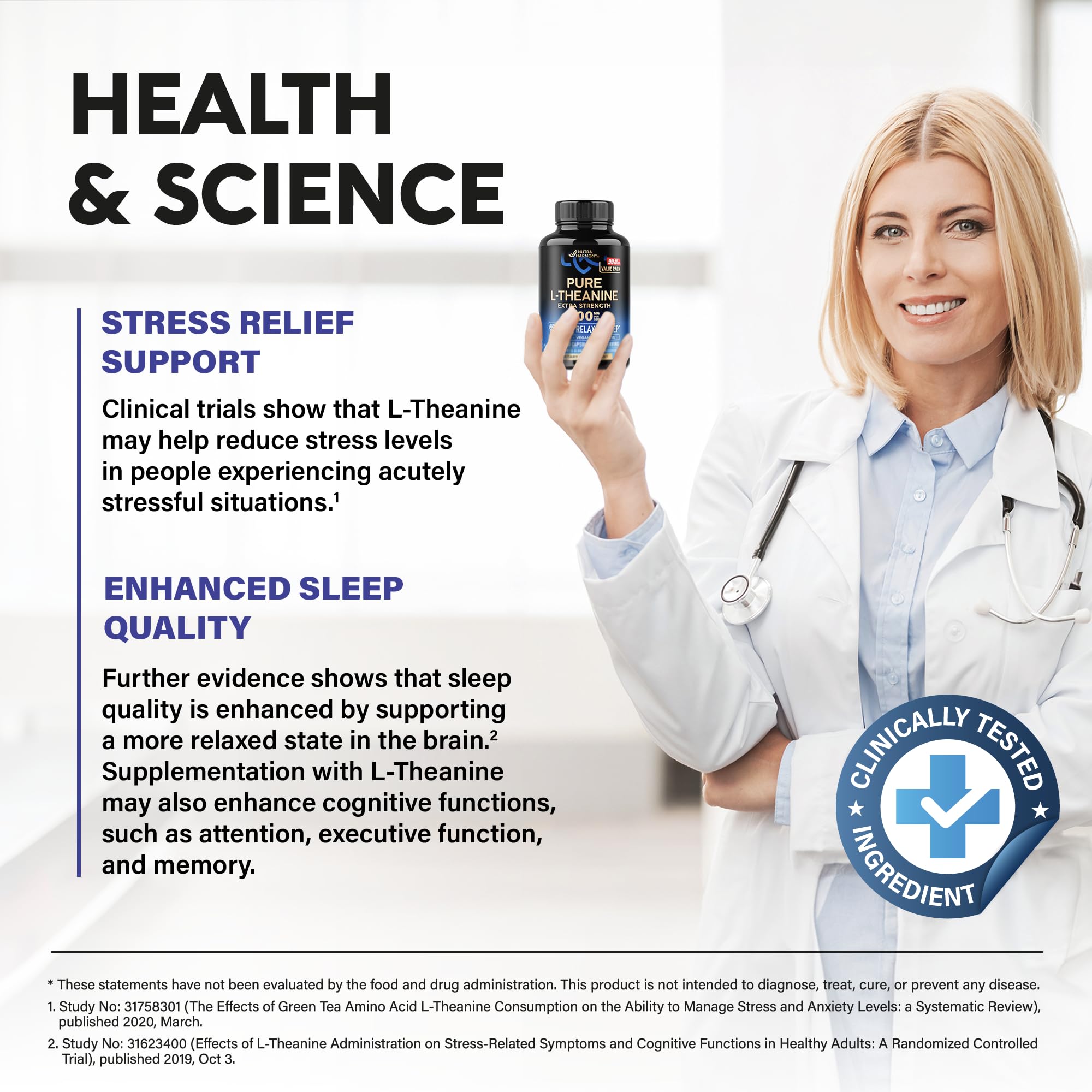 NutraHarmony L-Theanine green tea leaves signaling natural plant-based calm.