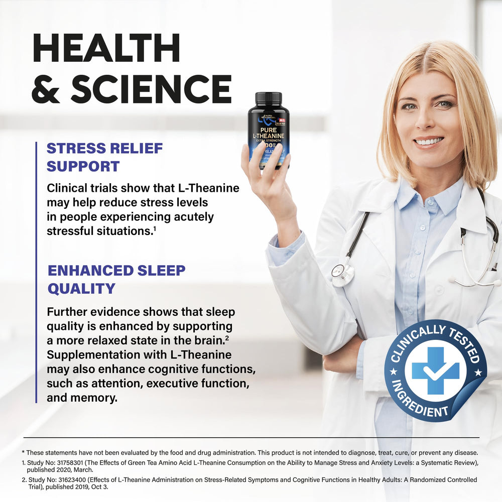 NutraHarmony L-Theanine green tea leaves signaling natural plant-based calm.