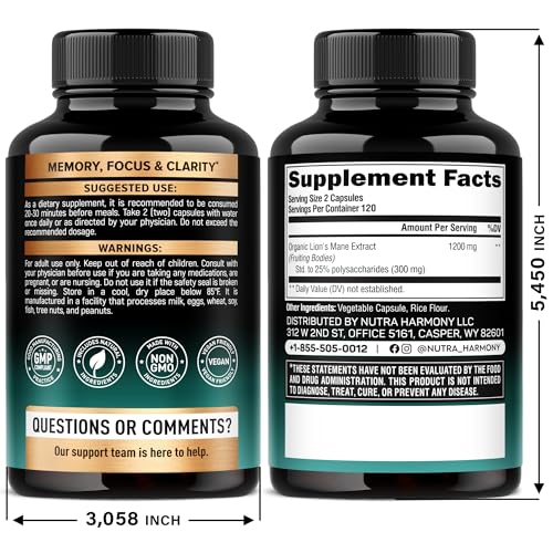 NutraHarmony Lions Mane capsules pour: easy 1200 mg dose for cognitive support