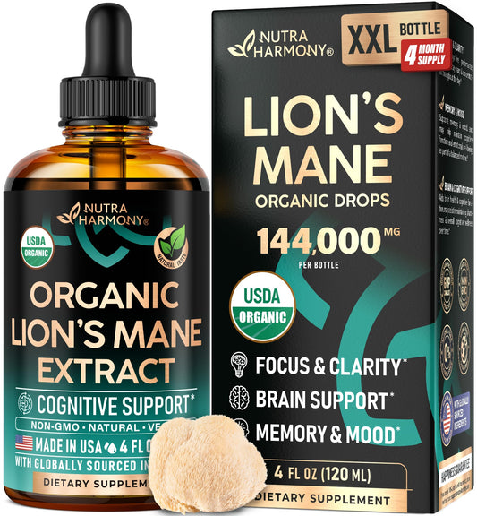 NUTRAHARMONY Lions Mane Liquid bottle with USDA Organic formula for brain support.