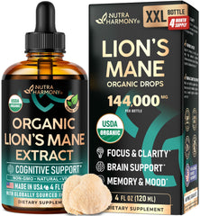 NUTRAHARMONY Lions Mane Liquid bottle with USDA Organic formula for brain support.