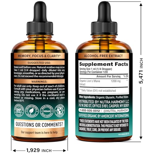 Dropper pours Lions Mane liquid for easy daily dosing and focus.
