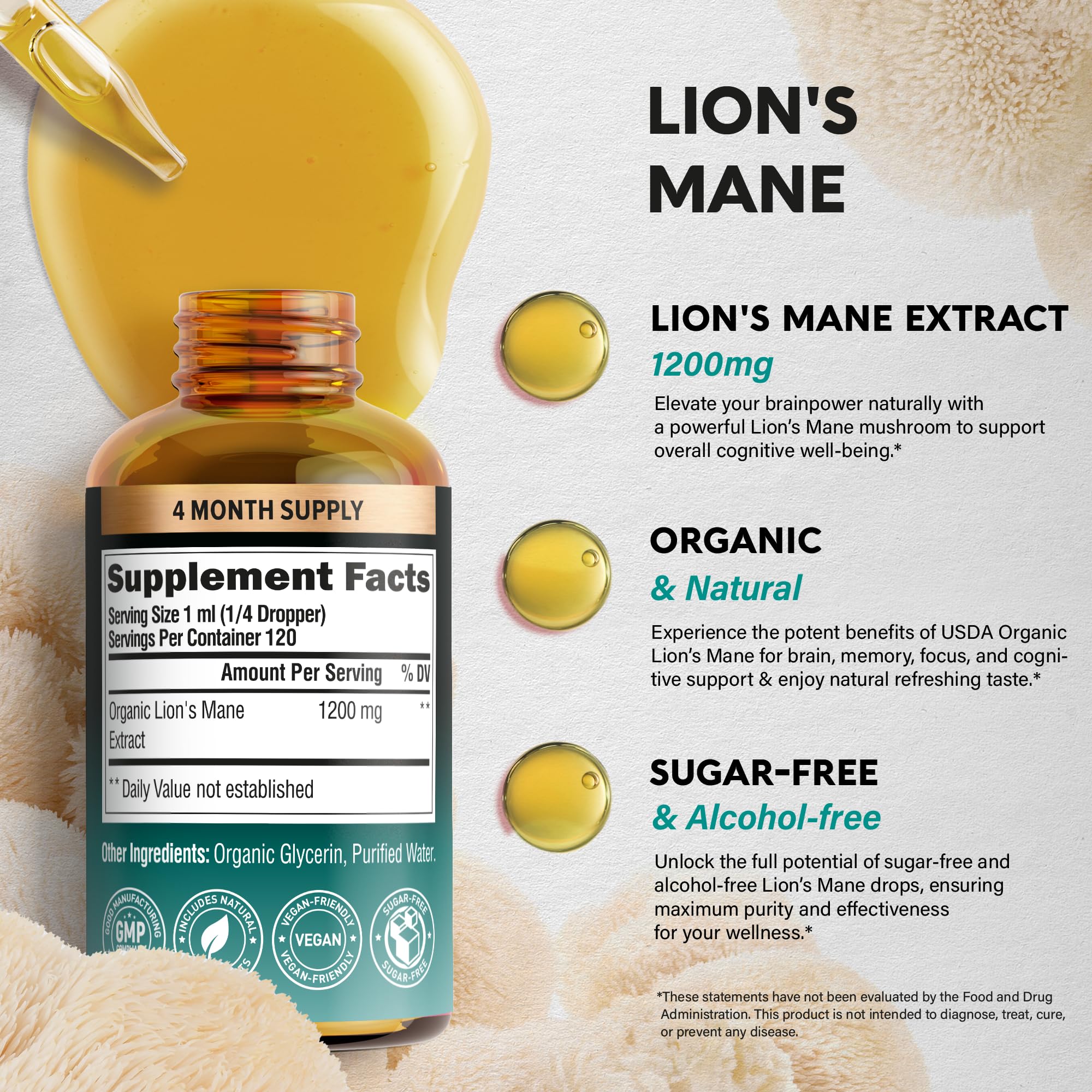 Glass bottle with golden Lions Mane liquid ready for daily use.