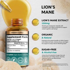 Glass bottle with golden Lions Mane liquid ready for daily use.