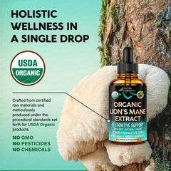 USDA Organic mark on bottle emphasizes premium quality Lions Mane.