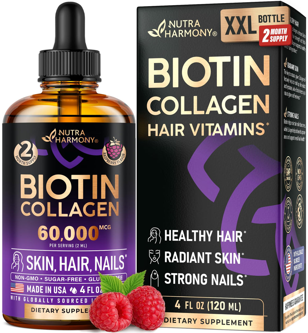 NutraHarmony Liquid Biotin & Collagen bottle pour shows easy daily support for hair and nails