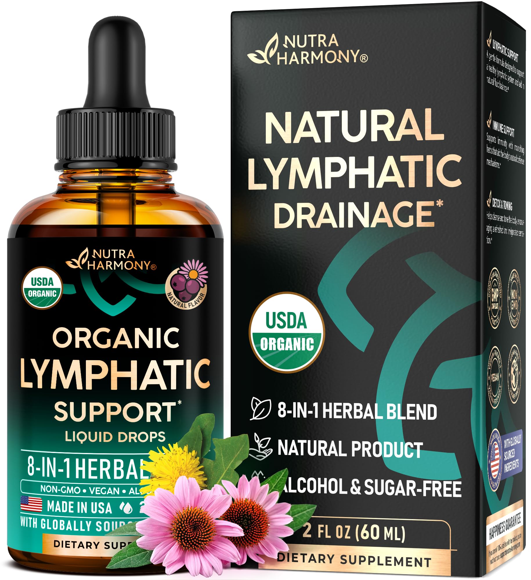 NUTRAHARMONY Lymph Drops bottle showing organic formula for balanced wellness