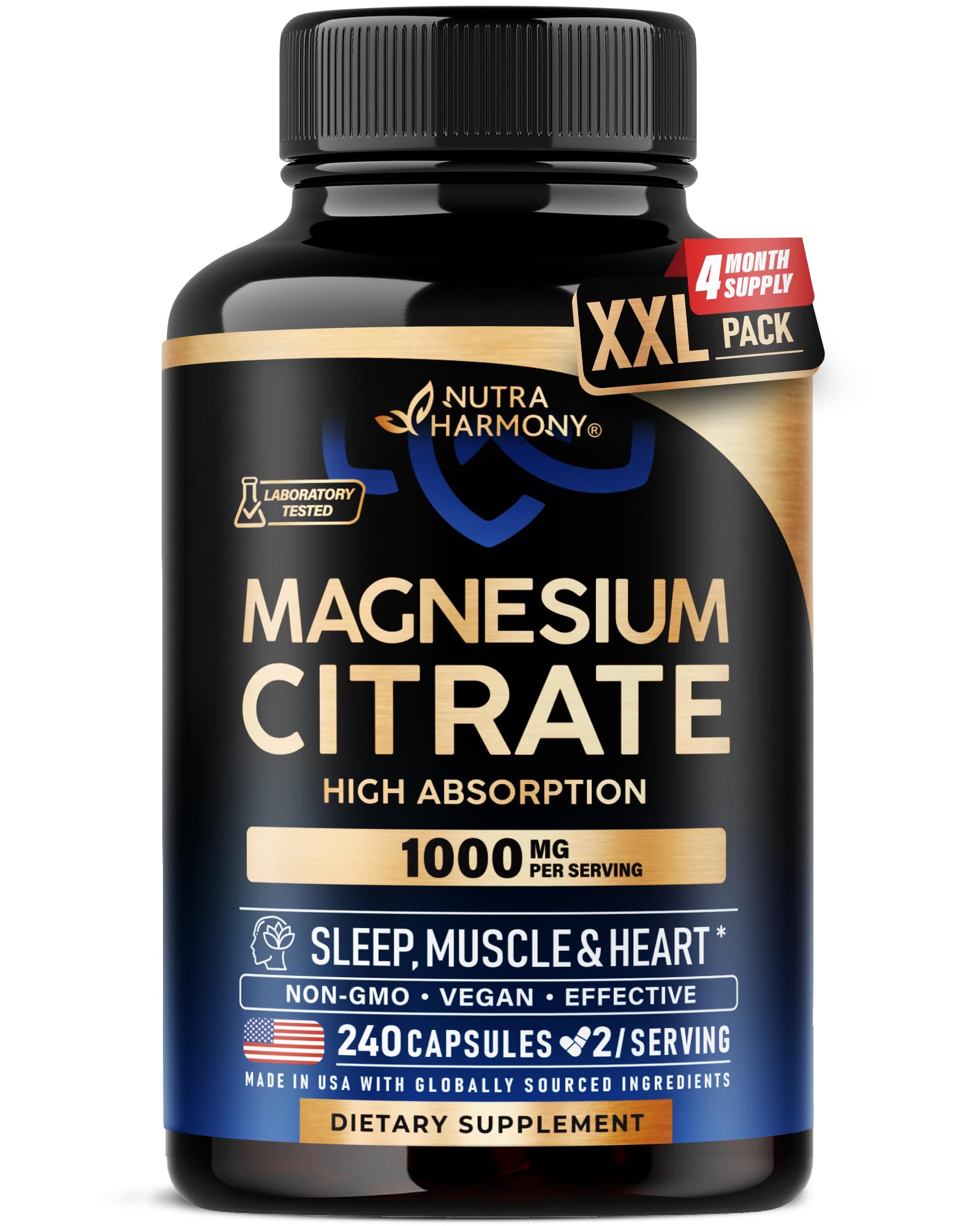 NutraHarmony Magnesium Citrate capsules bottle close-up may support relaxation.
