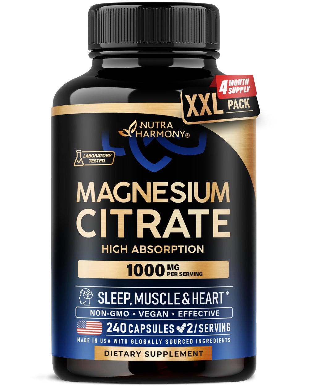 NutraHarmony Magnesium Citrate capsules bottle close-up may support relaxation.