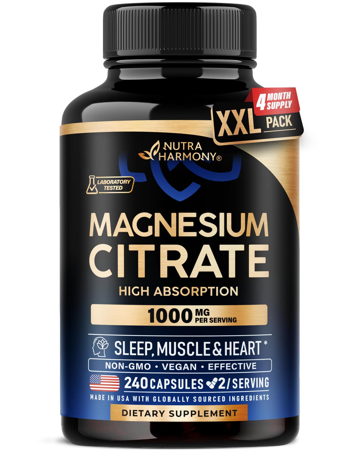 NutraHarmony Magnesium Citrate capsules bottle close-up may support relaxation.