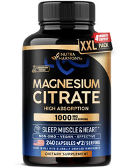 NutraHarmony Magnesium Citrate capsules bottle close-up may support relaxation.