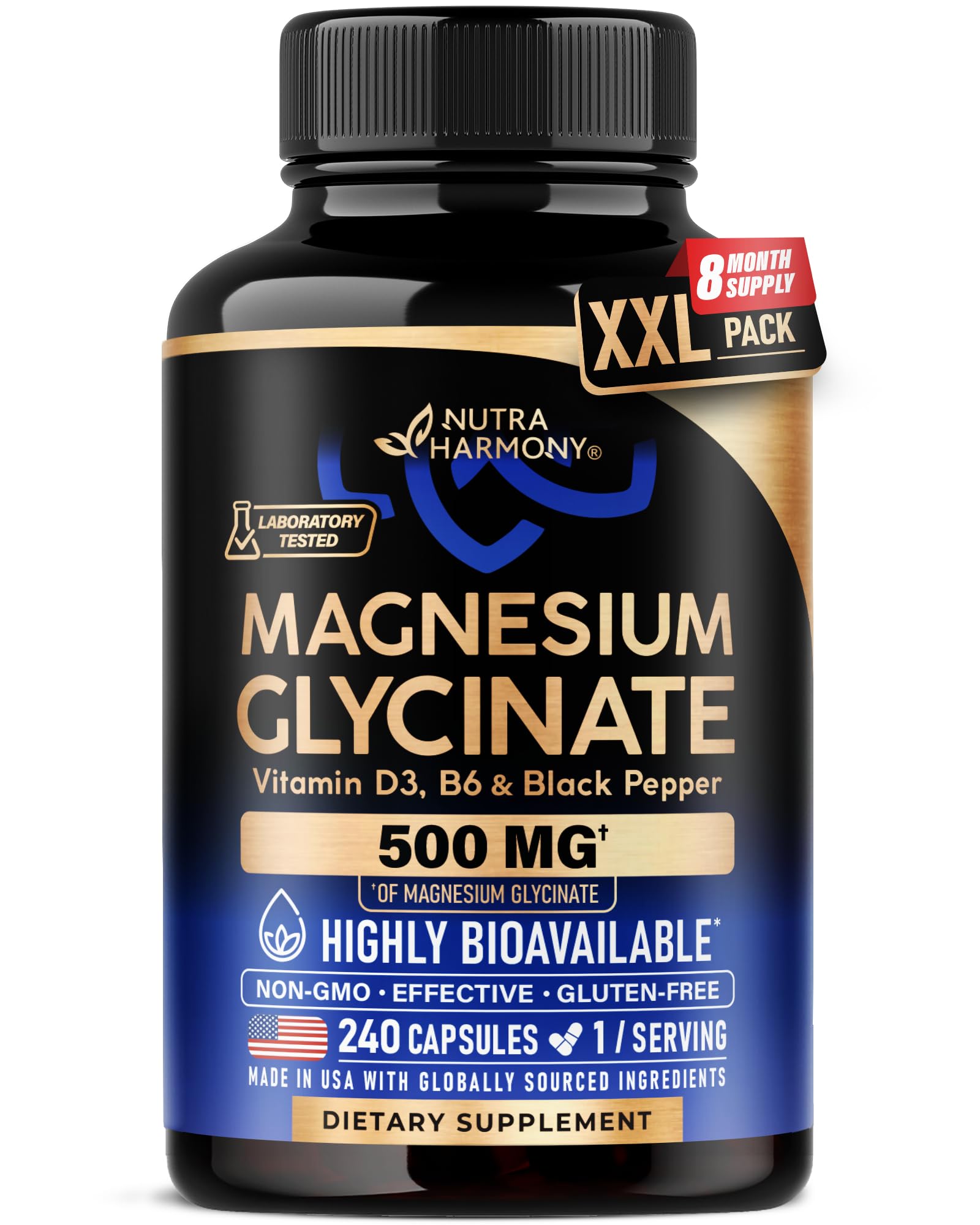 NutraHarmony magnesium glycinate 500mg bottle – easy-to-swallow capsules for daily magnesium support.