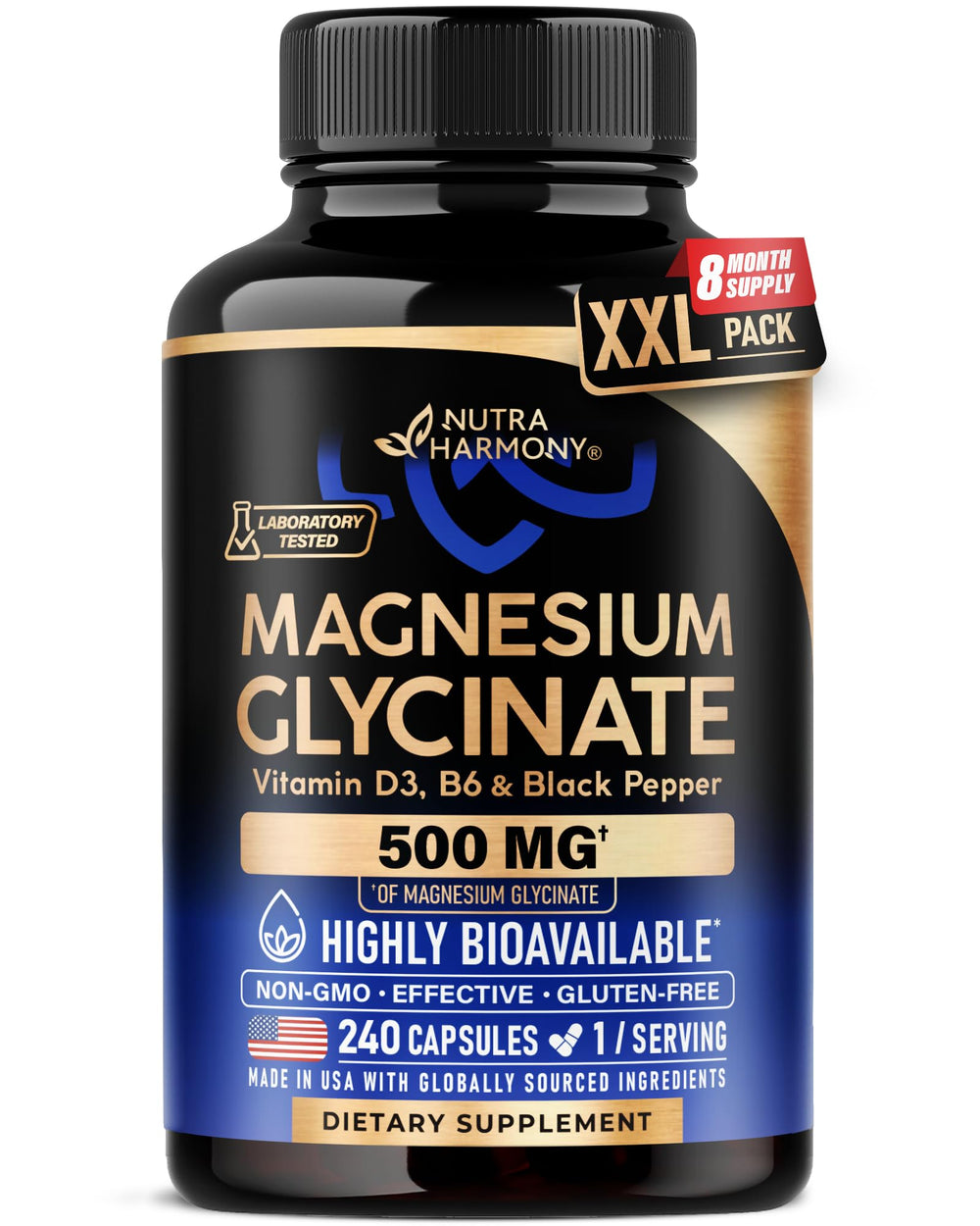 NutraHarmony magnesium glycinate 500mg bottle – easy-to-swallow capsules for daily magnesium support.