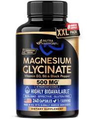 NutraHarmony magnesium glycinate 500mg bottle – easy-to-swallow capsules for daily magnesium support.