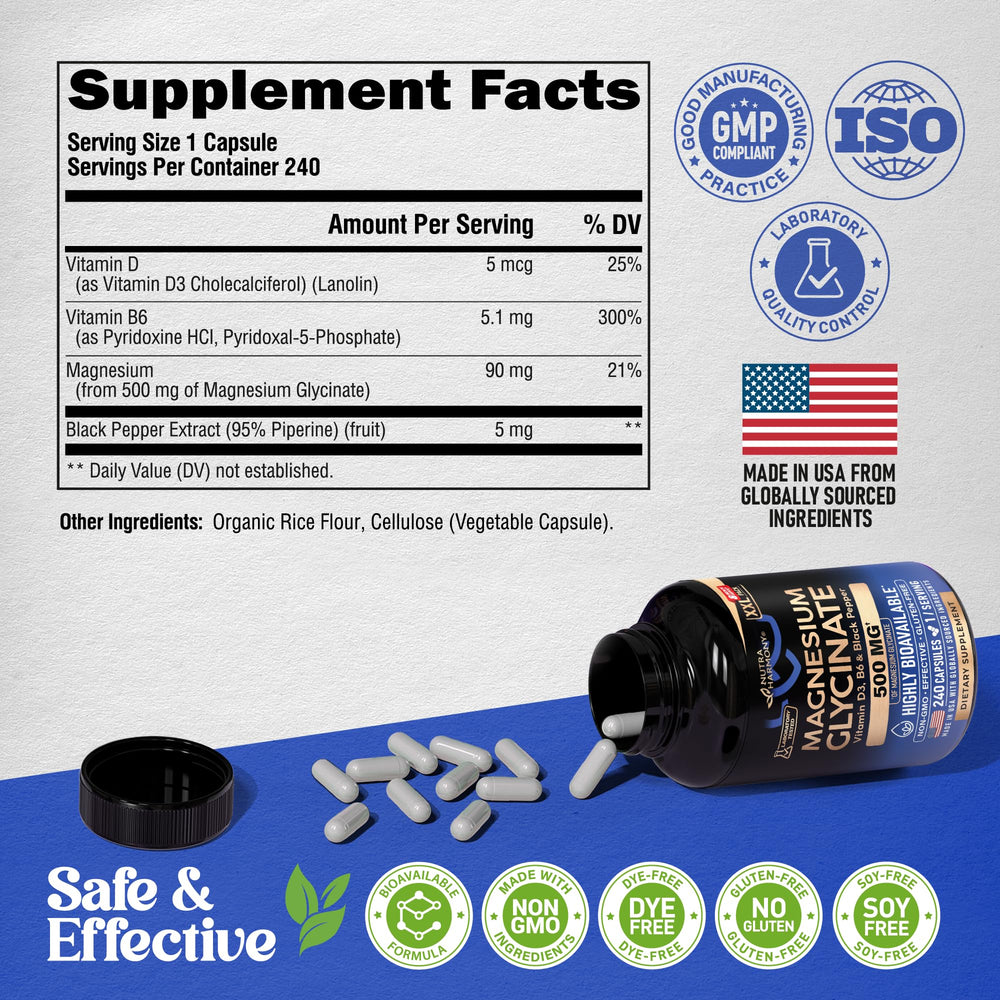 NutraHarmony magnesium glycinate capsules on a white background – clean, simple daily use.