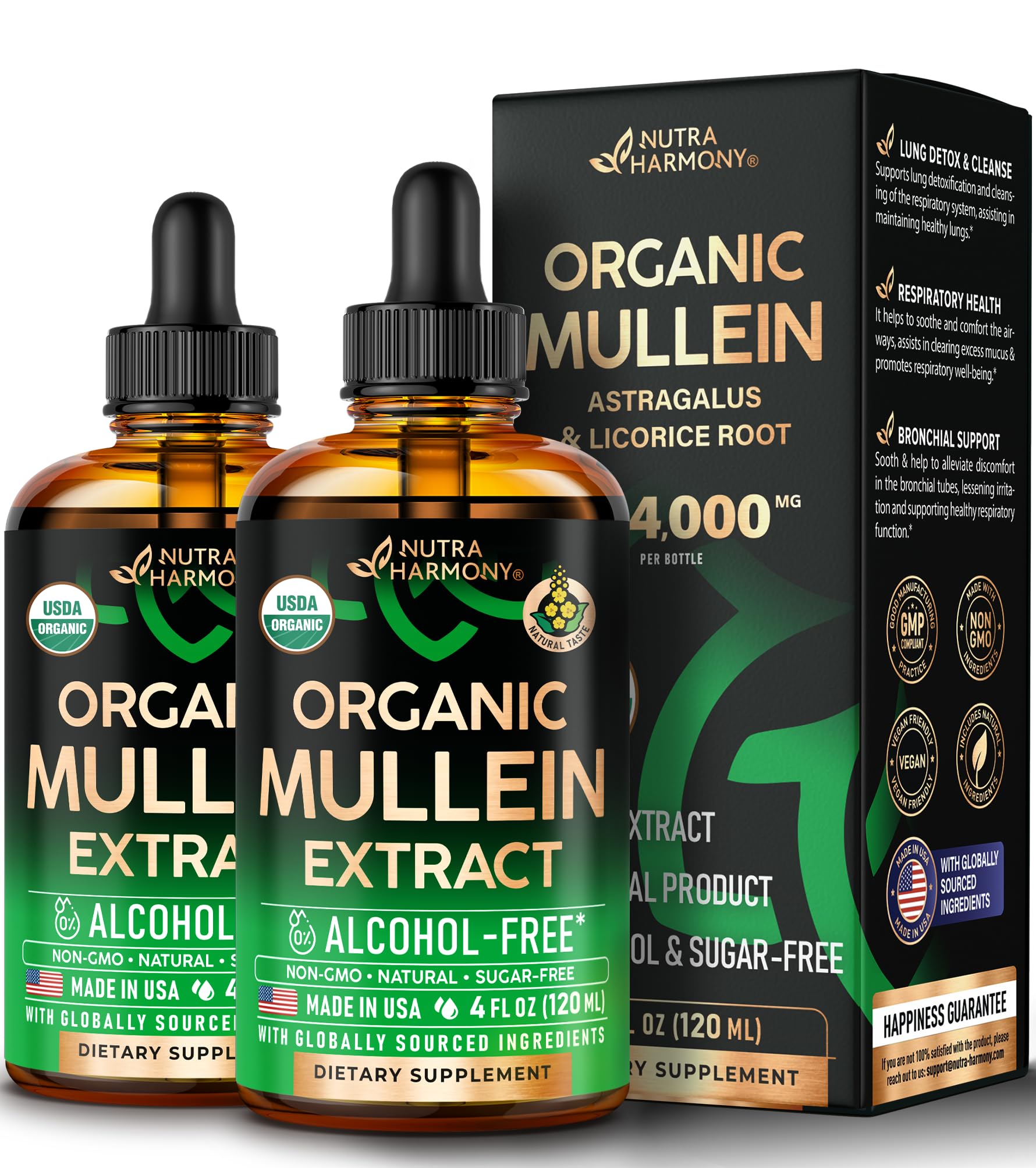 NutraHarmony Mullein Drops bottle with organic formula for gentle lung support.