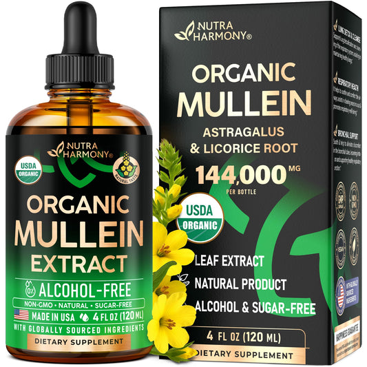 NUTRAHARMONY Mullein Drops bottle highlights organic mullein leaf for respiratory support.