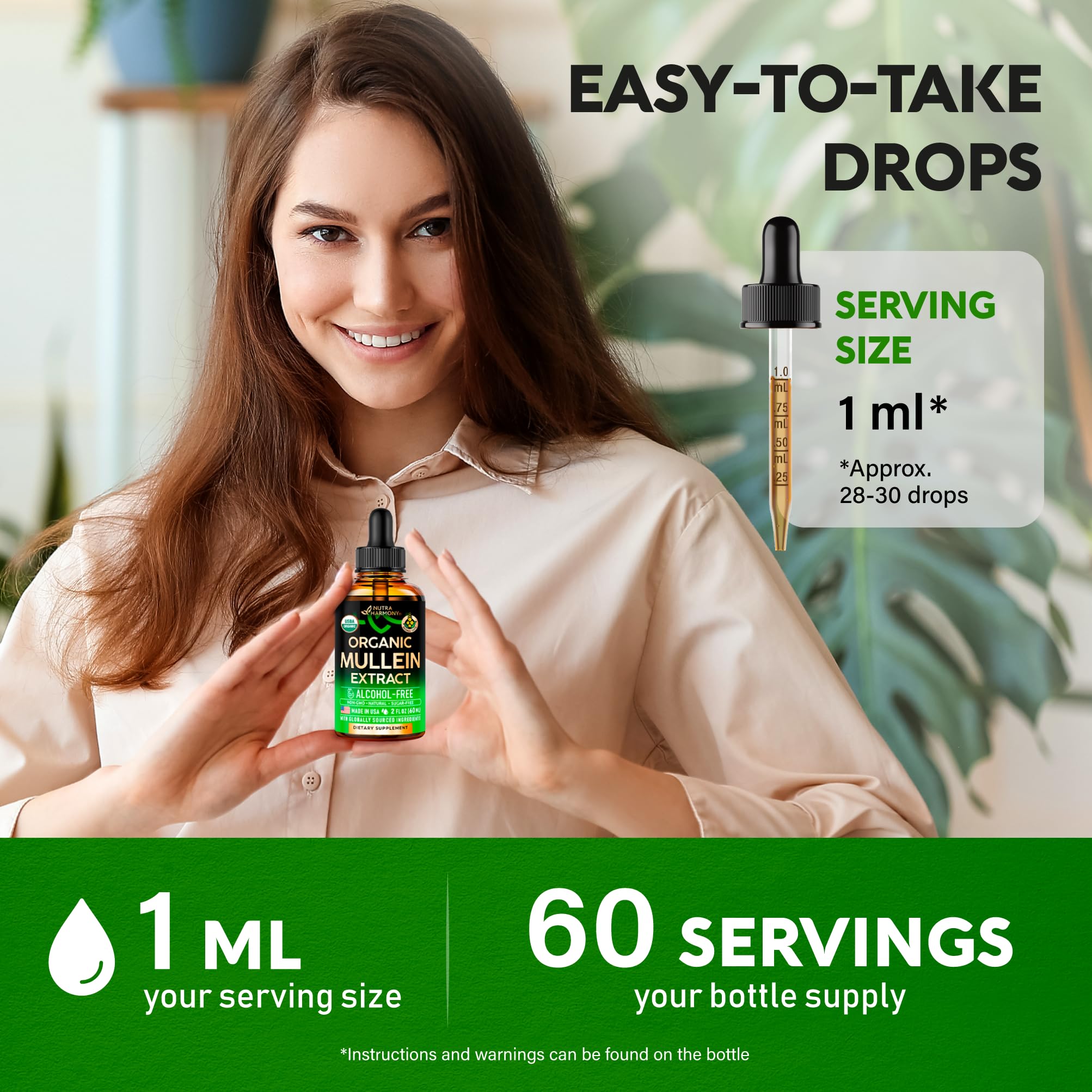 NutraHarmony Mullein Drops dosage spoon shows easy daily use.