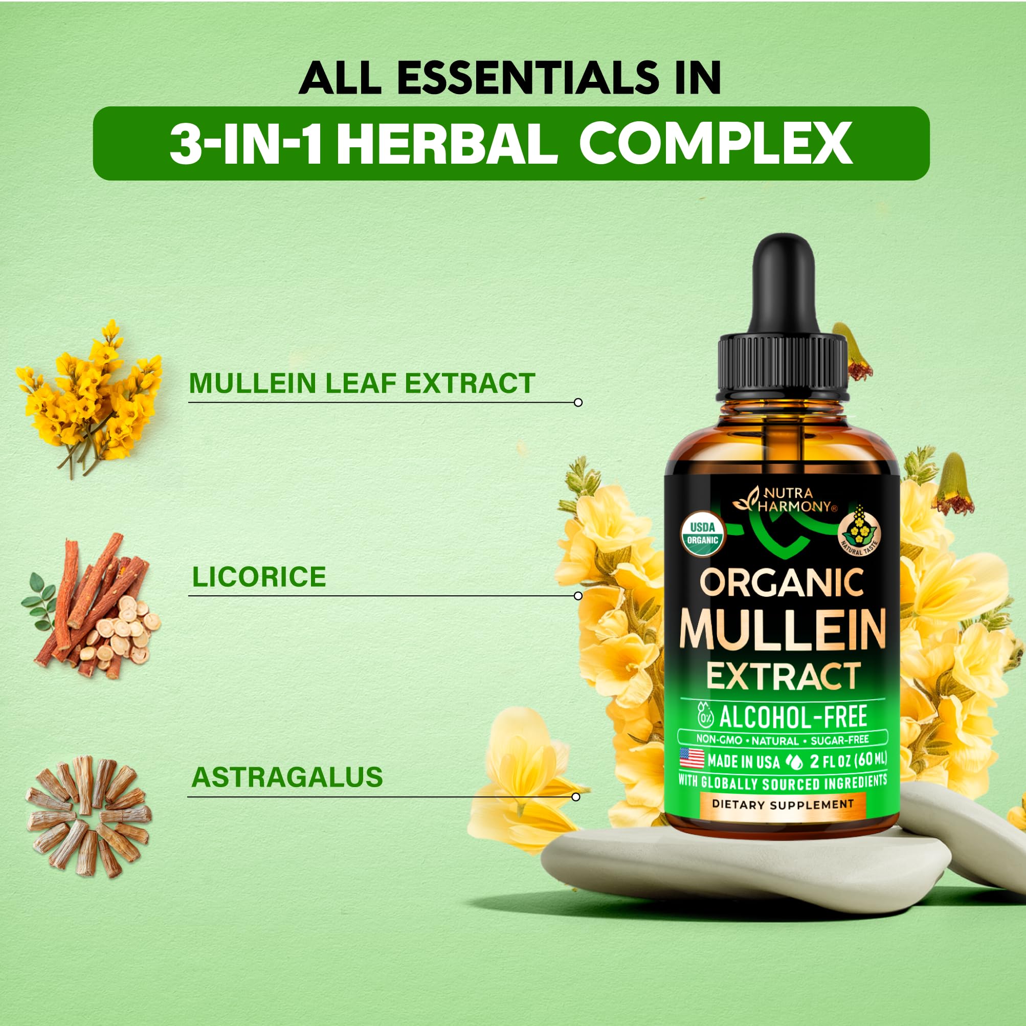 NutraHarmony Mullein Drops full bottle emphasizes vegan sugar-free formula.