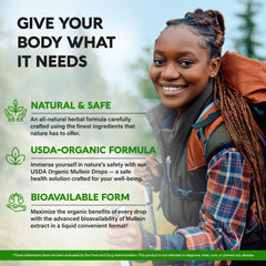 NutraHarmony Mullein Drops label highlights USDA Organic mullein leaf extract.