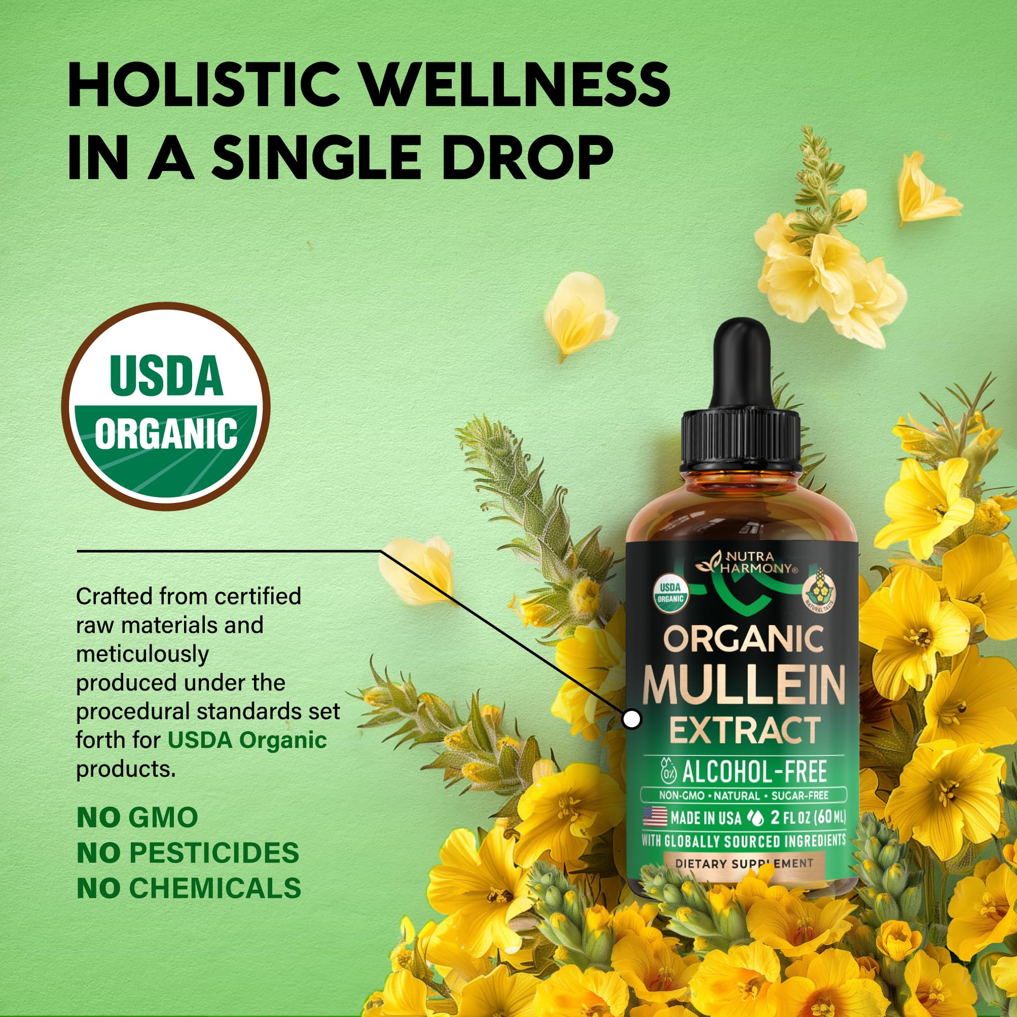 NutraHarmony Mullein Drops liquid in amber bottle.