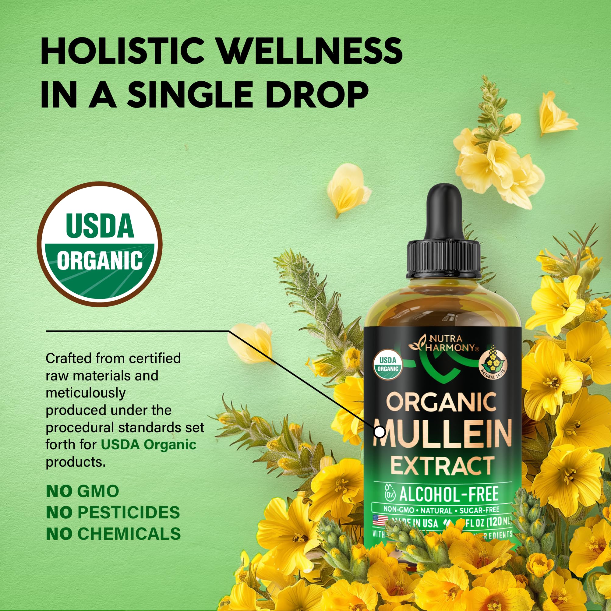 NutraHarmony Mullein Drops organic seal emphasizes certified organic ingredients.