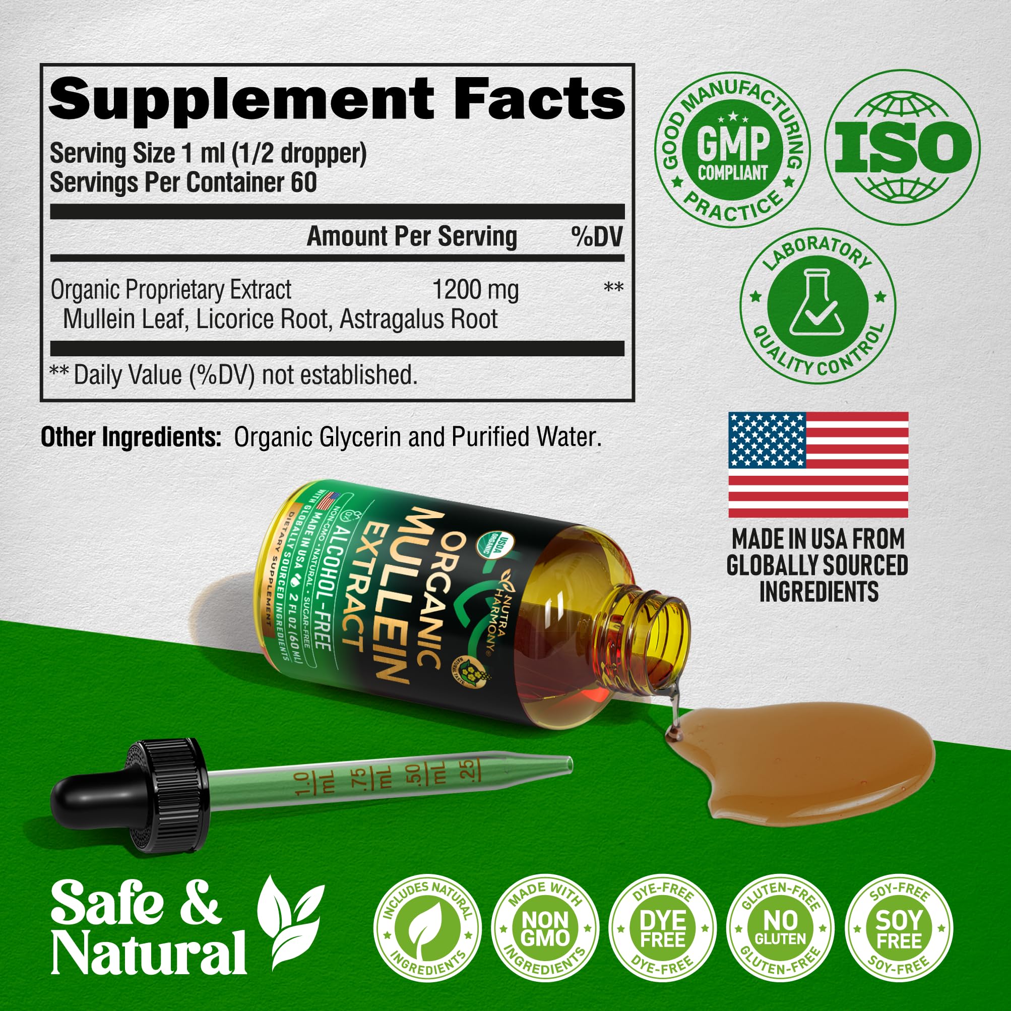 NutraHarmony Mullein Drops packaging box beside bottle.