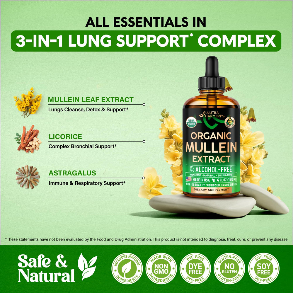 NutraHarmony Mullein Drops tea-use scene suggests convenient herbal infusion.