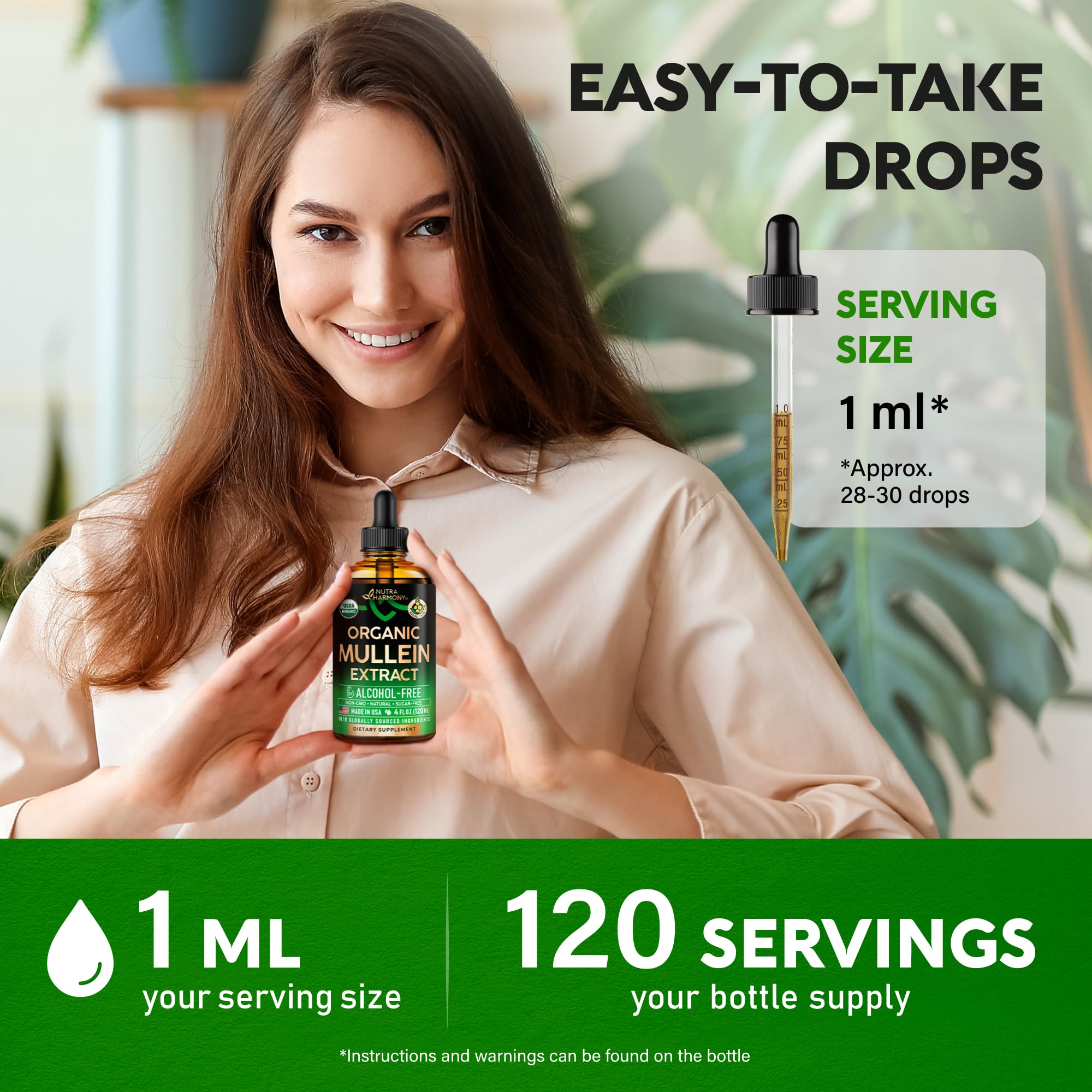 NutraHarmony Mullein Drops with water shows simple dilution for intake.