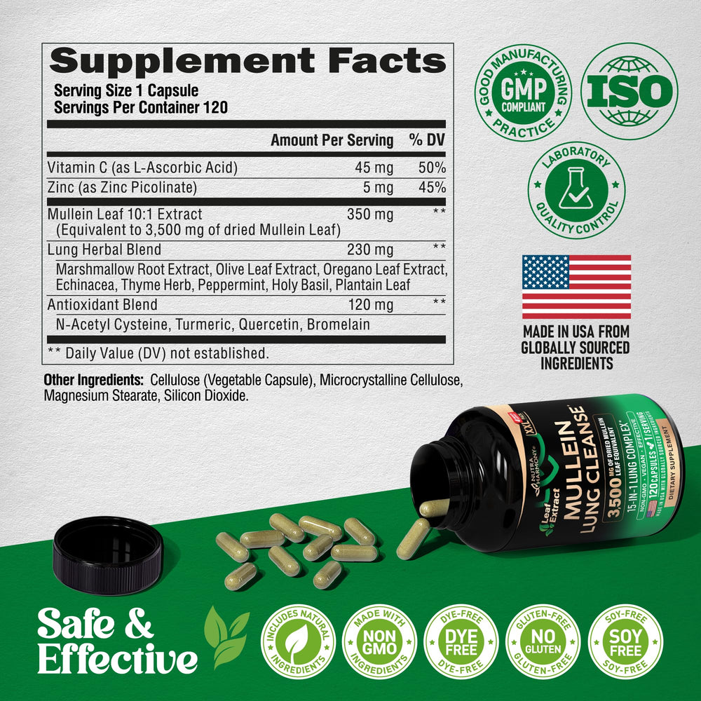 NutraHarmony Mullein Leaf Extract bottle beside glass conveys fresh air