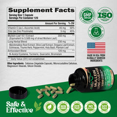 NutraHarmony Mullein Leaf Extract bottle beside glass conveys fresh air