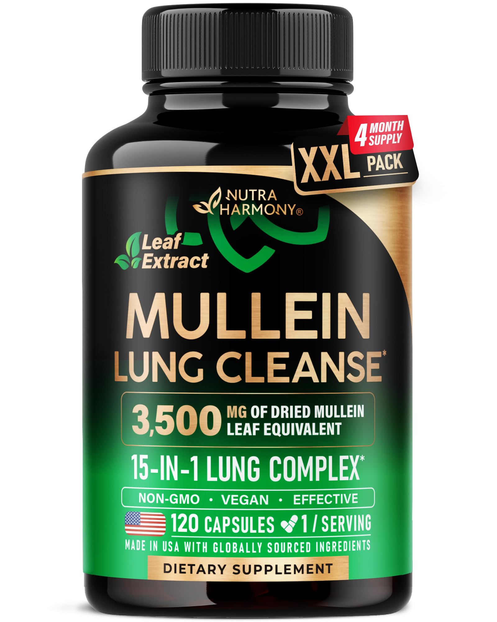 NutraHarmony Mullein Leaf Extract capsules bottle for easy lung support in daily routine