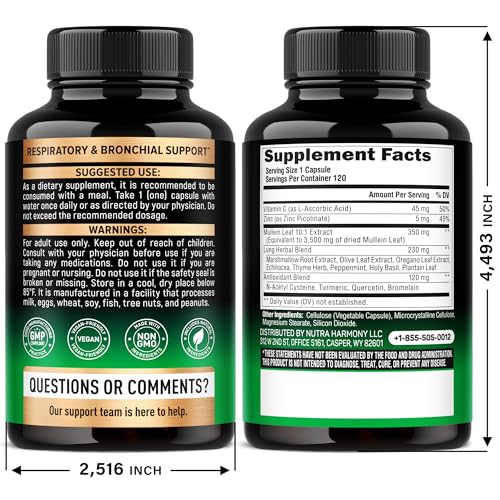 NutraHarmony Mullein Leaf Extract capsules closeup highlights natural lung-supporting ingredients