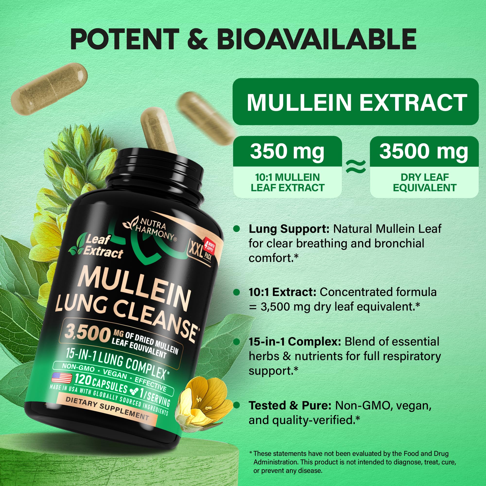 NutraHarmony Mullein Leaf Extract label detail highlights USA-made quality