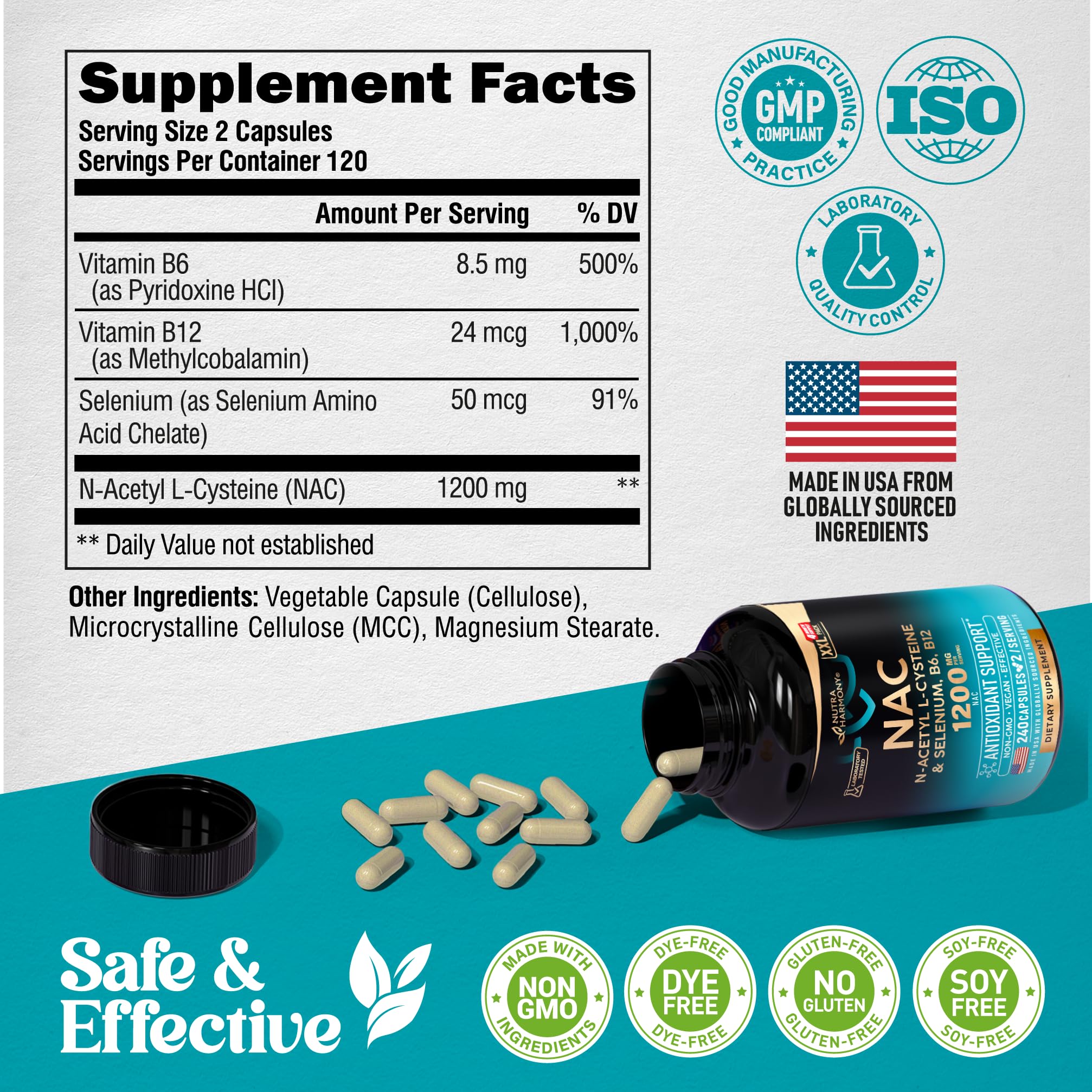 NutraHarmony NAC back label highlighting vegan and gluten-free attributes.