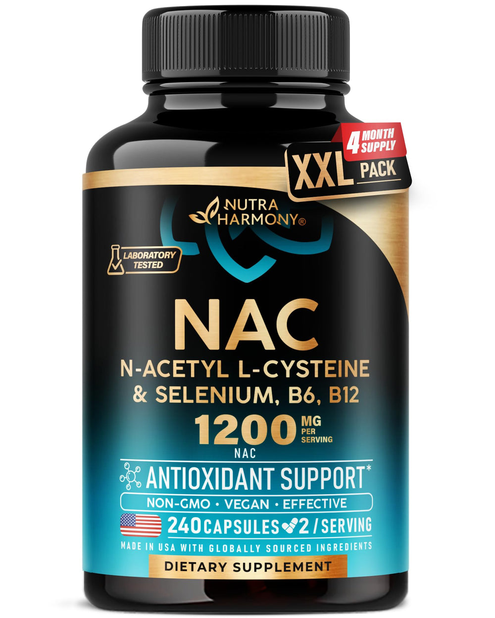 NutraHarmony NAC supplement bottle close-up highlighting antioxidant support.