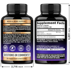 NutraHarmony saffron capsules pour close-up suggests sustained energy and calm after meals.