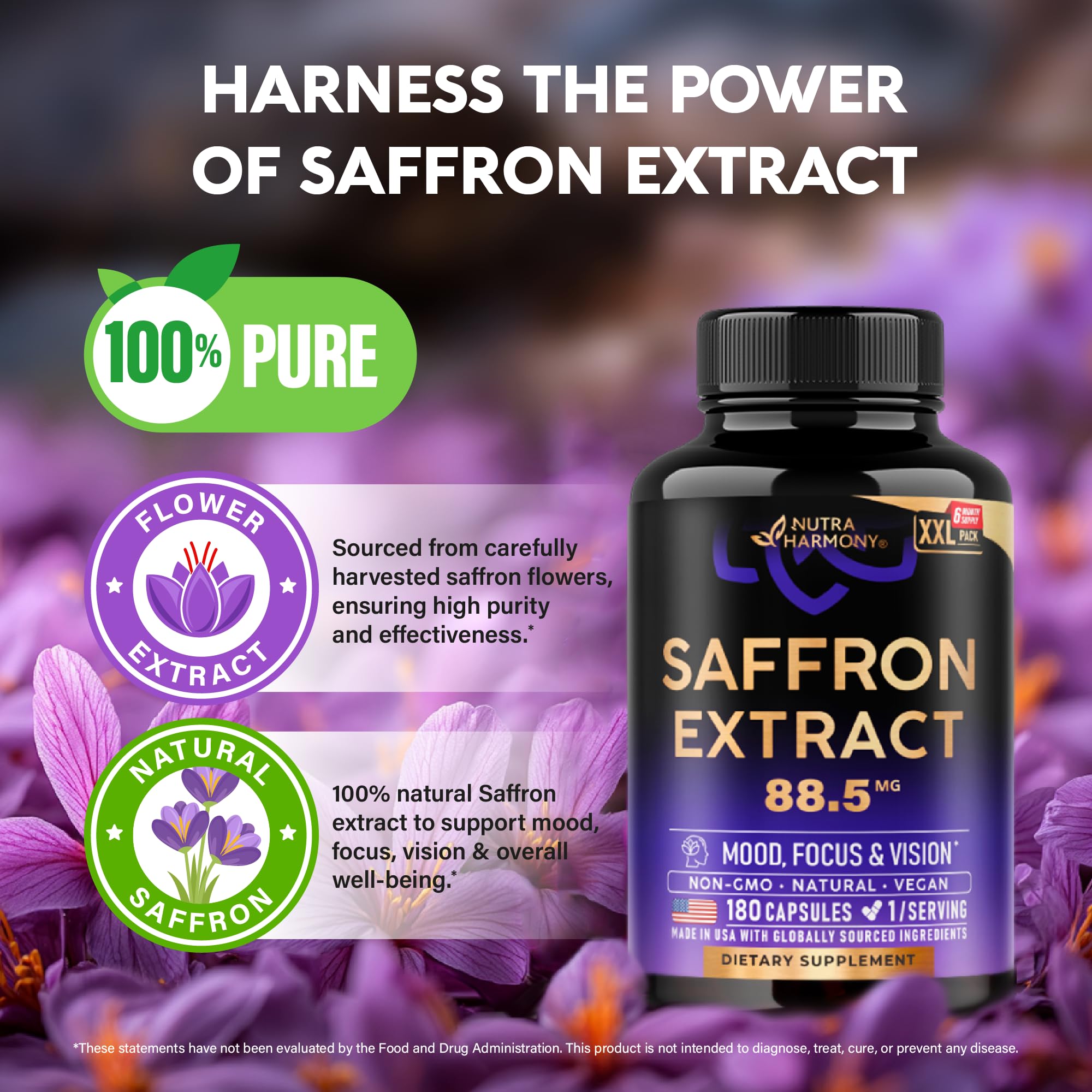 NutraHarmony saffron supplement packaging shows a US-made vegan option for daily wellness.
