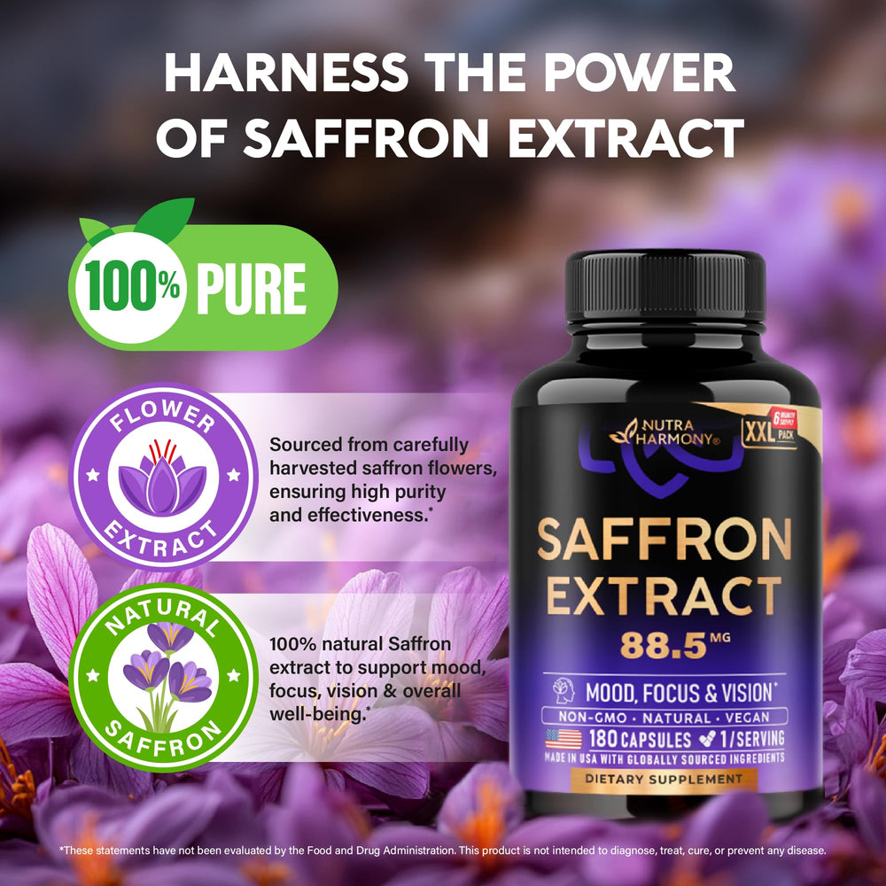 NutraHarmony saffron supplement packaging shows a US-made vegan option for daily wellness.